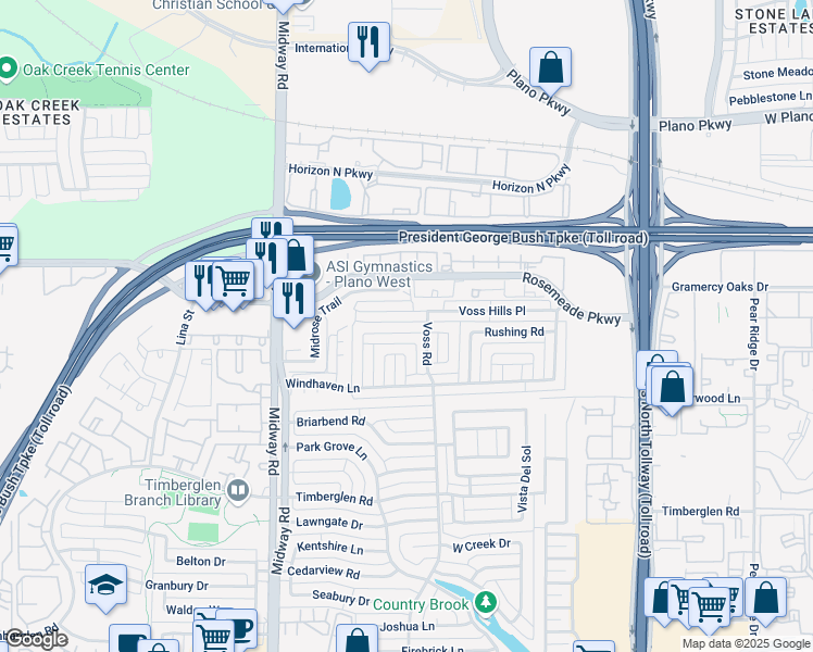 map of restaurants, bars, coffee shops, grocery stores, and more near 4215 Winding Way Court in Dallas