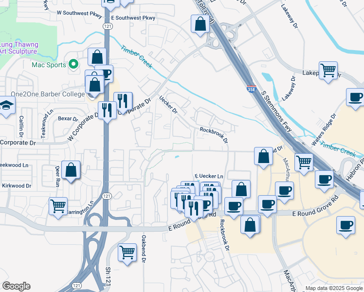 map of restaurants, bars, coffee shops, grocery stores, and more near 2276 South Uecker Drive in Lewisville