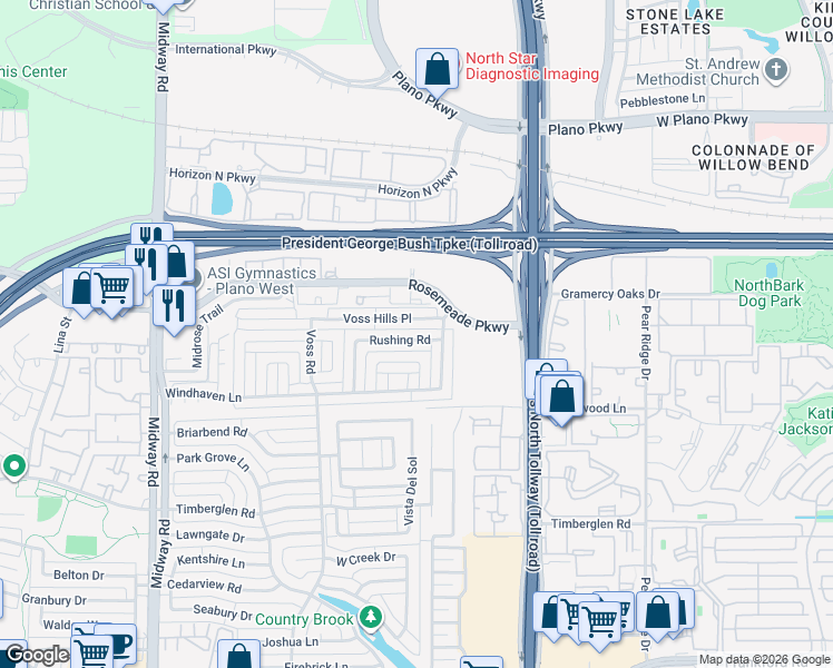 map of restaurants, bars, coffee shops, grocery stores, and more near 4405 Windward Circle in Dallas