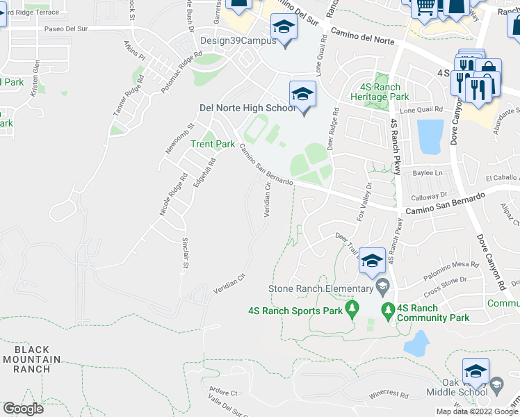 map of restaurants, bars, coffee shops, grocery stores, and more near 16230 Veridian Circle in San Diego