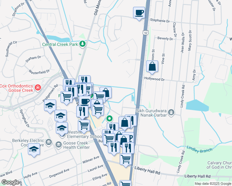 map of restaurants, bars, coffee shops, grocery stores, and more near 1000 Etiwan Drive in Goose Creek