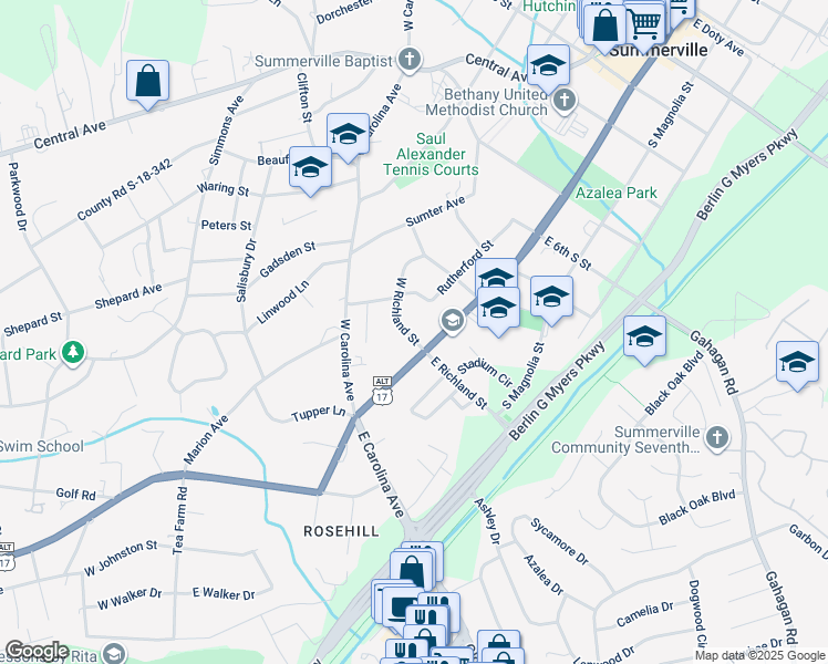 map of restaurants, bars, coffee shops, grocery stores, and more near 906 South Main Street in Summerville