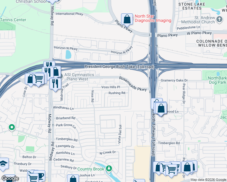 map of restaurants, bars, coffee shops, grocery stores, and more near 4329 Windward Circle in Dallas