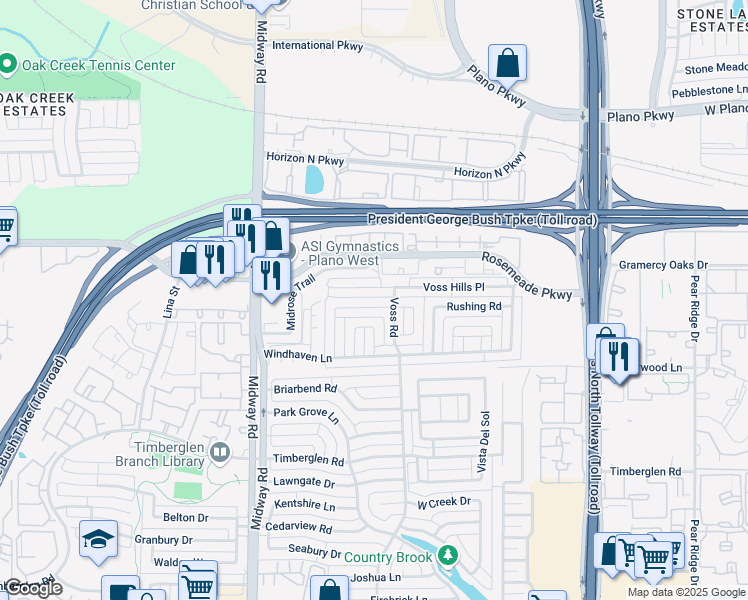 map of restaurants, bars, coffee shops, grocery stores, and more near 4215 Winding Way Court in Dallas