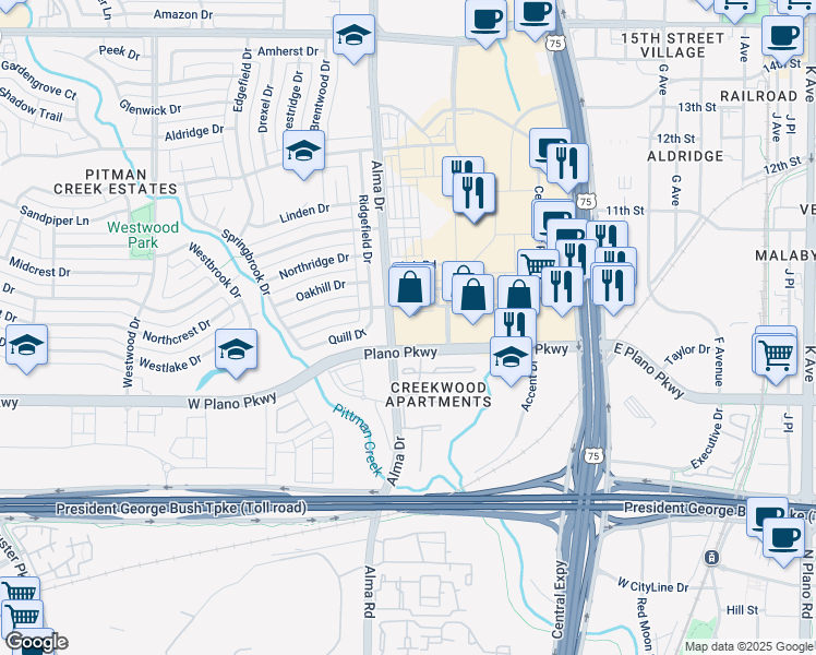 map of restaurants, bars, coffee shops, grocery stores, and more near 700 Alma Drive in Plano