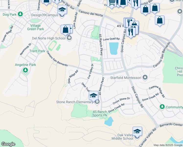 map of restaurants, bars, coffee shops, grocery stores, and more near 16393 Fox Valley Drive in San Diego