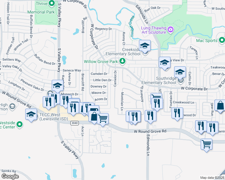 map of restaurants, bars, coffee shops, grocery stores, and more near 2097 Camelot Drive in Lewisville