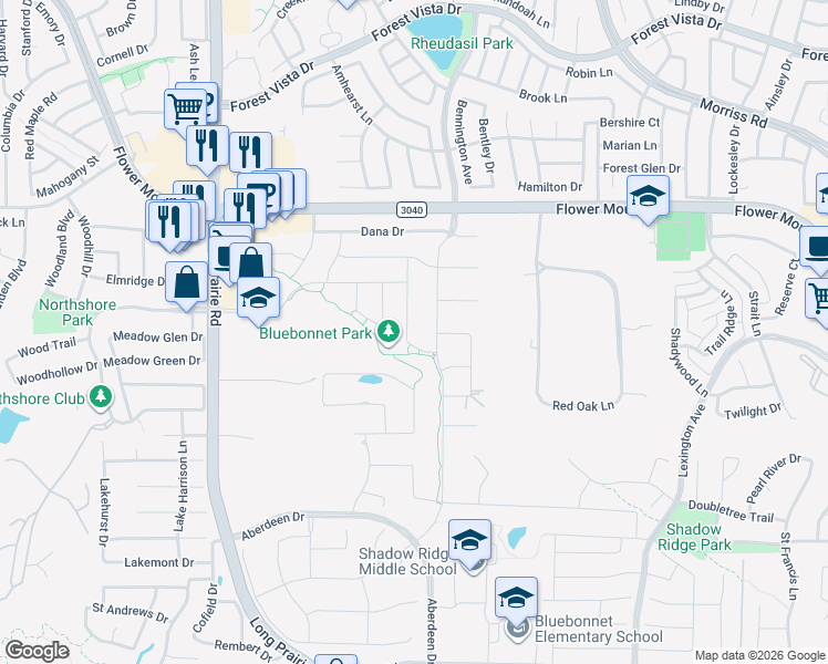 map of restaurants, bars, coffee shops, grocery stores, and more near 1801 Parkview Drive in Flower Mound