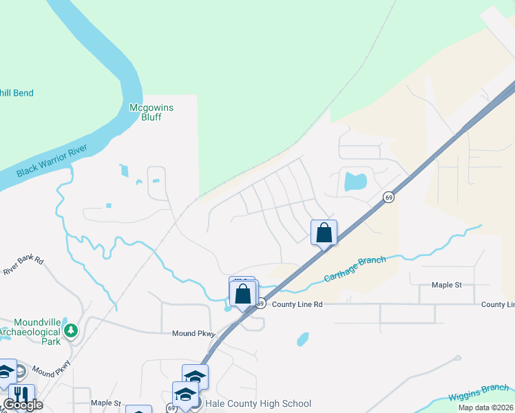 map of restaurants, bars, coffee shops, grocery stores, and more near 16403 Cherokee Bend Parkway in Moundville