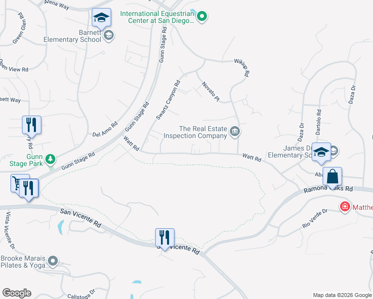 map of restaurants, bars, coffee shops, grocery stores, and more near 24350 Watt Road in Ramona