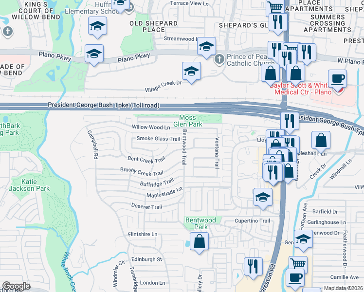 map of restaurants, bars, coffee shops, grocery stores, and more near 5552 Bentwood Trail in Dallas