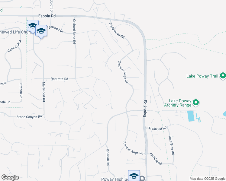 map of restaurants, bars, coffee shops, grocery stores, and more near 16239 Oak Creek Trail in Poway