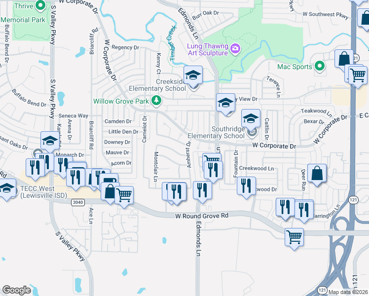 map of restaurants, bars, coffee shops, grocery stores, and more near 910 Silverstone Drive in Lewisville