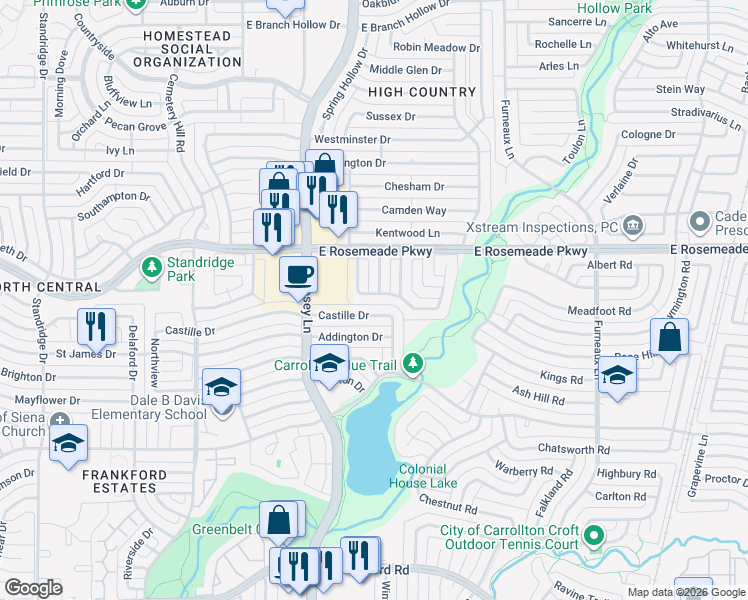 map of restaurants, bars, coffee shops, grocery stores, and more near 1911 Glenrose Lane in Carrollton