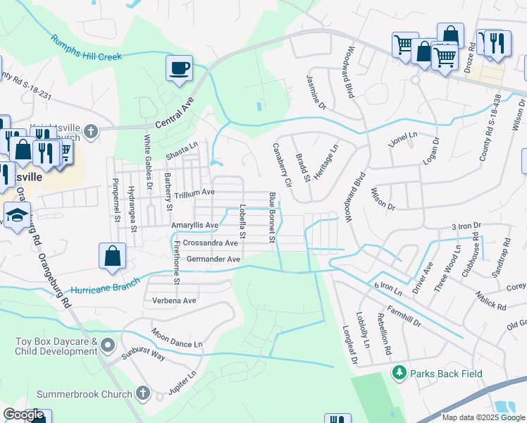 map of restaurants, bars, coffee shops, grocery stores, and more near 107 Foxglove Avenue in Summerville