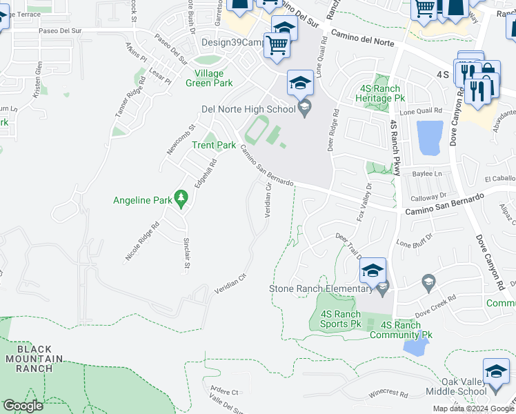 map of restaurants, bars, coffee shops, grocery stores, and more near 16098 Veridian Circle in San Diego