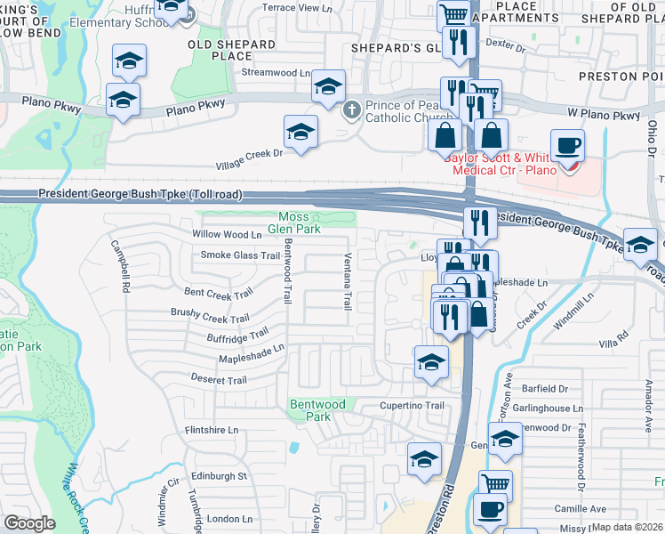 map of restaurants, bars, coffee shops, grocery stores, and more near 6039 Windbreak Trail in Dallas