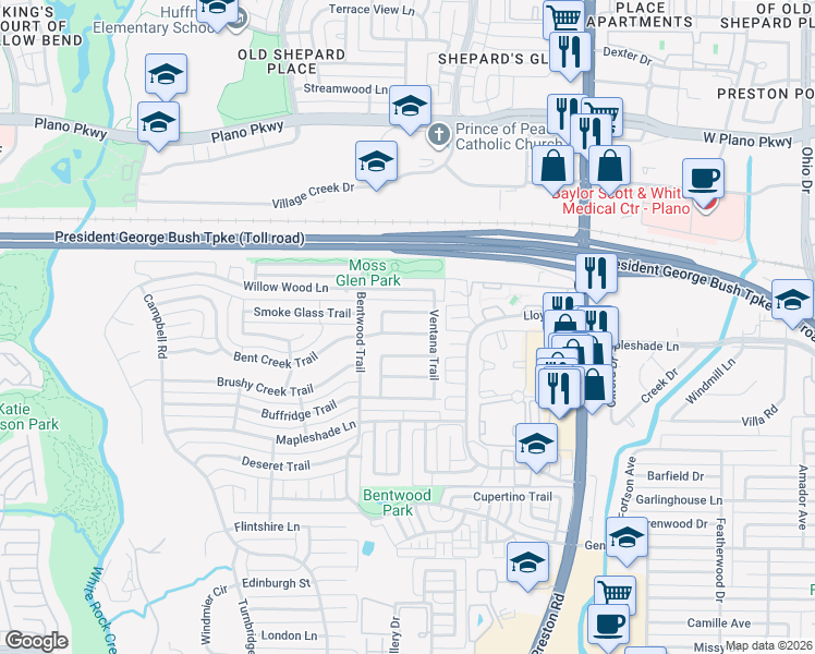 map of restaurants, bars, coffee shops, grocery stores, and more near 6039 Windbreak Trail in Dallas