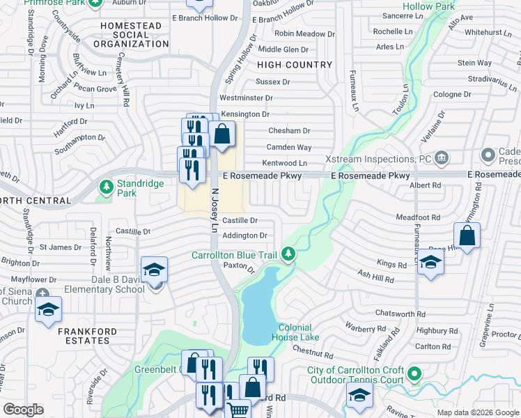 map of restaurants, bars, coffee shops, grocery stores, and more near 1911 Glenrose Lane in Carrollton