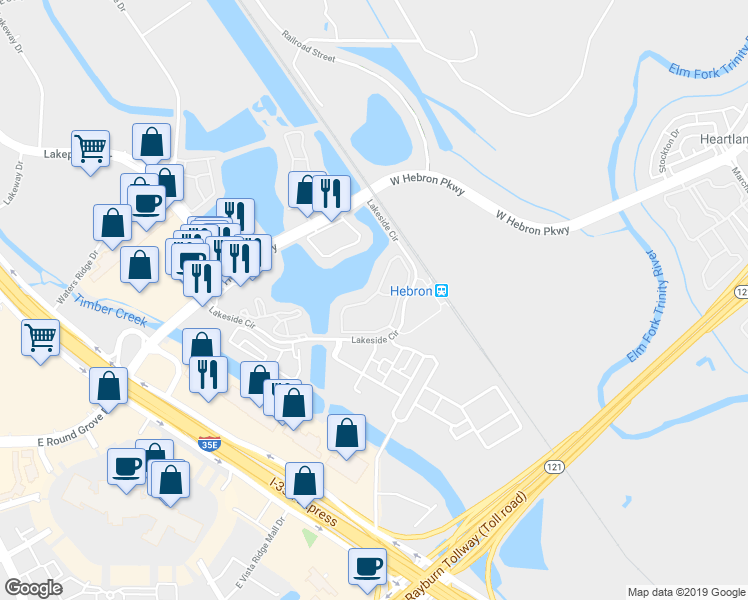 map of restaurants, bars, coffee shops, grocery stores, and more near 901 Lakeside Circle in Lewisville