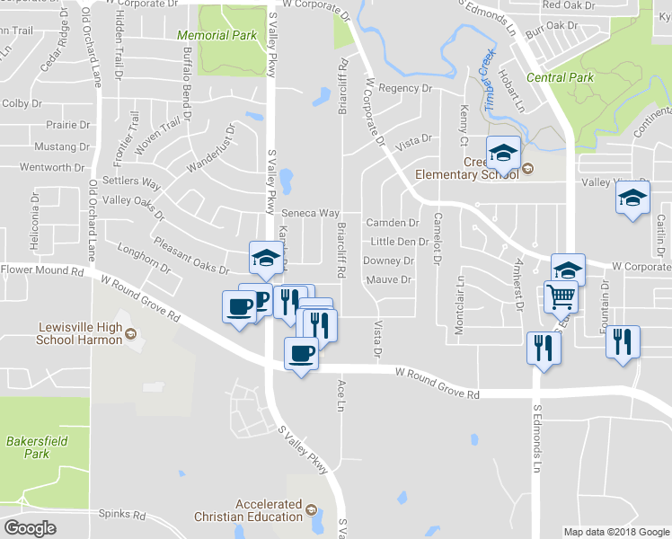 map of restaurants, bars, coffee shops, grocery stores, and more near 2082 Briarcliff Drive in Lewisville