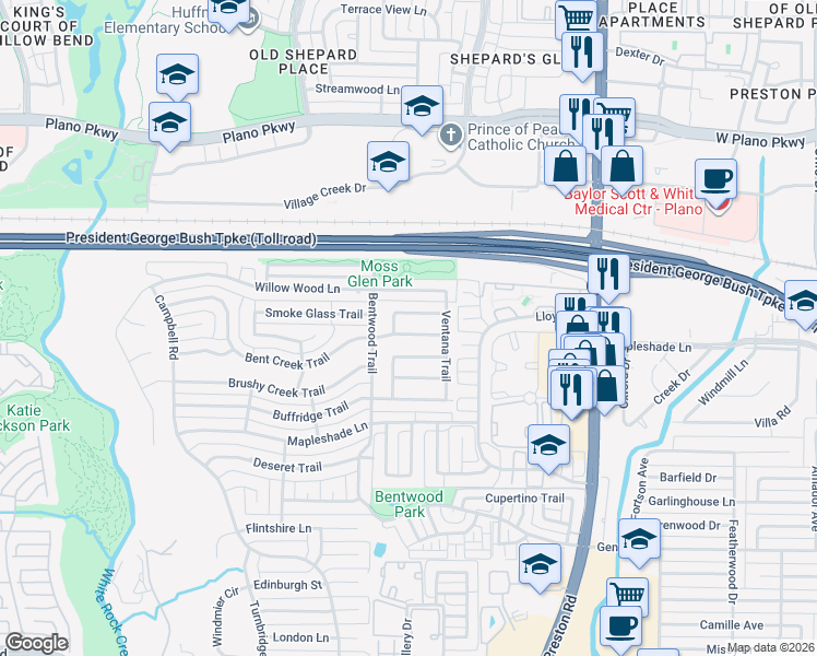 map of restaurants, bars, coffee shops, grocery stores, and more near 6011 Bent Creek Trail in Dallas