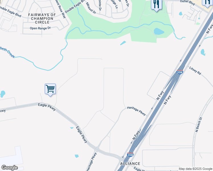 map of restaurants, bars, coffee shops, grocery stores, and more near 15201 Heritage Parkway in Fort Worth