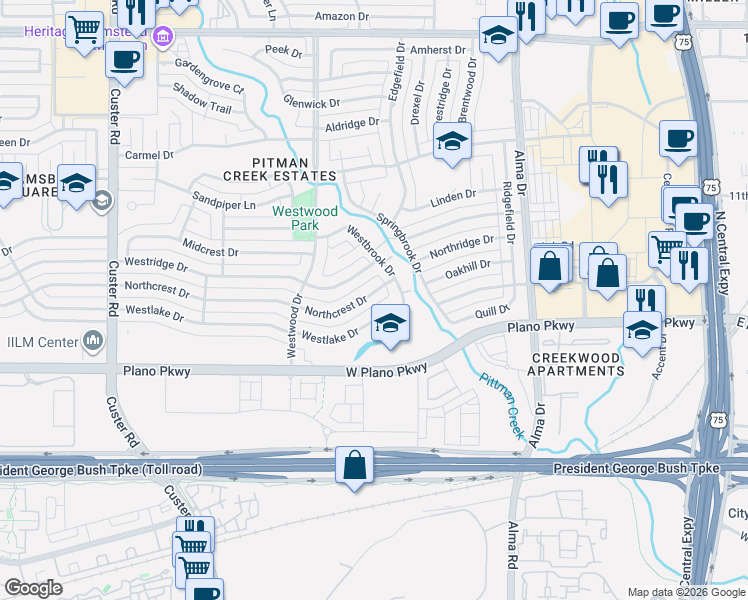 map of restaurants, bars, coffee shops, grocery stores, and more near 1512 Westridge Drive in Plano