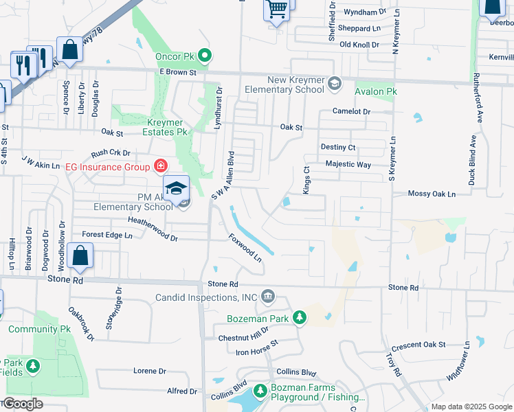 map of restaurants, bars, coffee shops, grocery stores, and more near 300 FALCONS WAY in Wylie