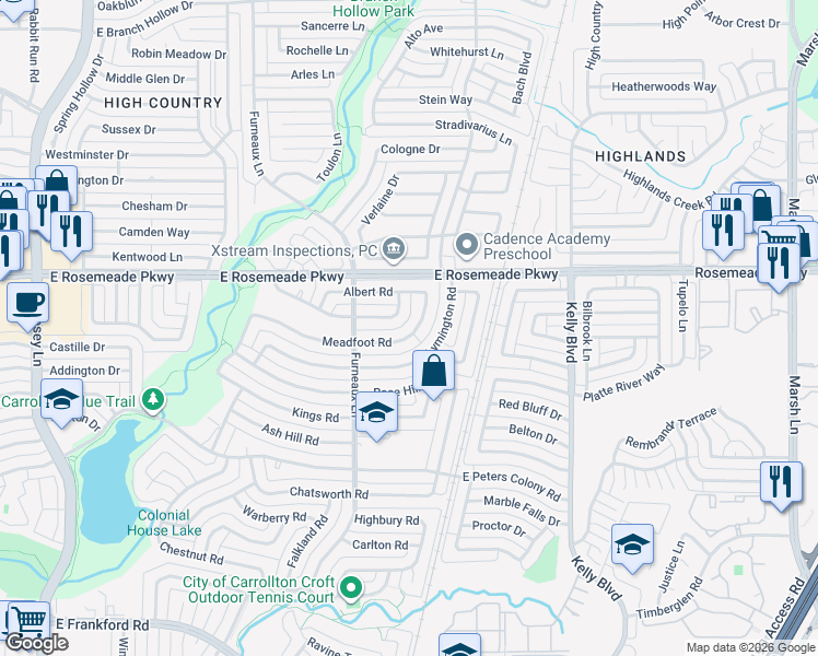 map of restaurants, bars, coffee shops, grocery stores, and more near 2113 Victoria Road in Carrollton