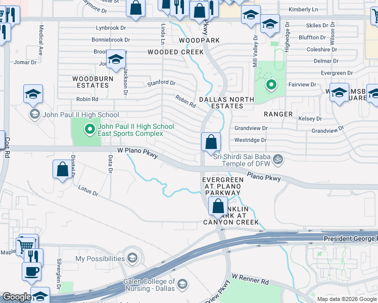map of restaurants, bars, coffee shops, grocery stores, and more near 2916 Princeton Drive in Plano