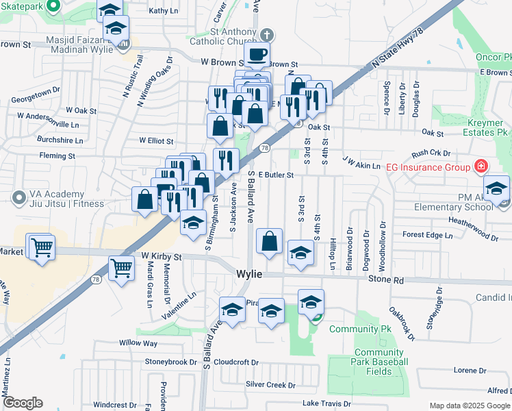 map of restaurants, bars, coffee shops, grocery stores, and more near 401 South Ballard Avenue in Wylie