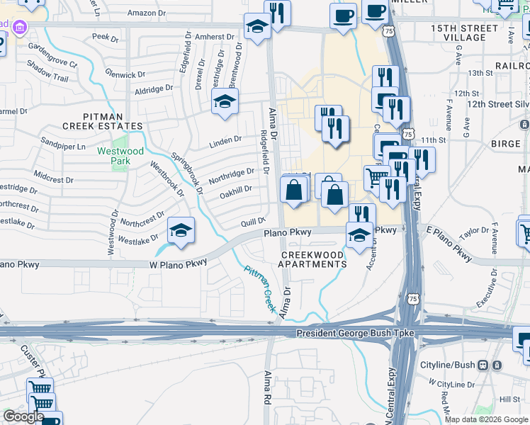 map of restaurants, bars, coffee shops, grocery stores, and more near 1205 Potomac Drive in Plano