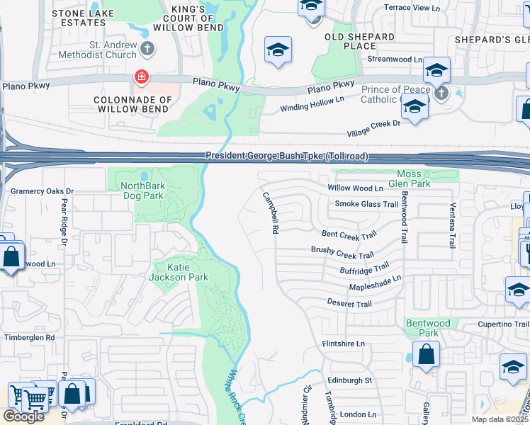 map of restaurants, bars, coffee shops, grocery stores, and more near 5512 Willow Wood Lane in Dallas