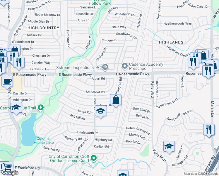 map of restaurants, bars, coffee shops, grocery stores, and more near 2113 Victoria Road in Carrollton