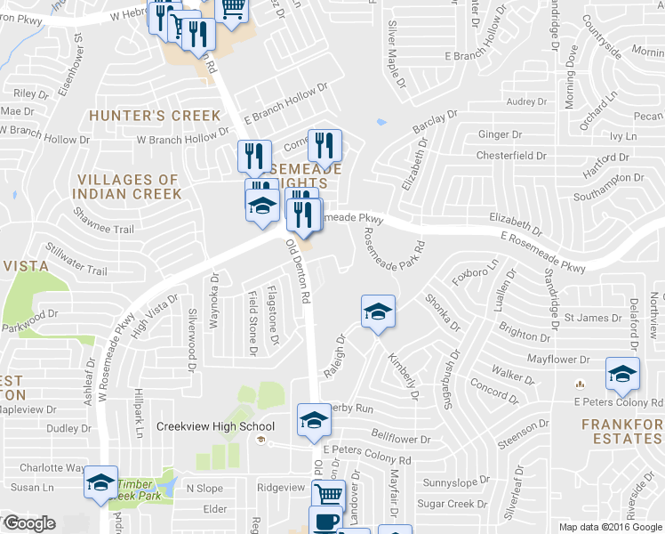 map of restaurants, bars, coffee shops, grocery stores, and more near 1012 Foxglove Drive in Carrollton