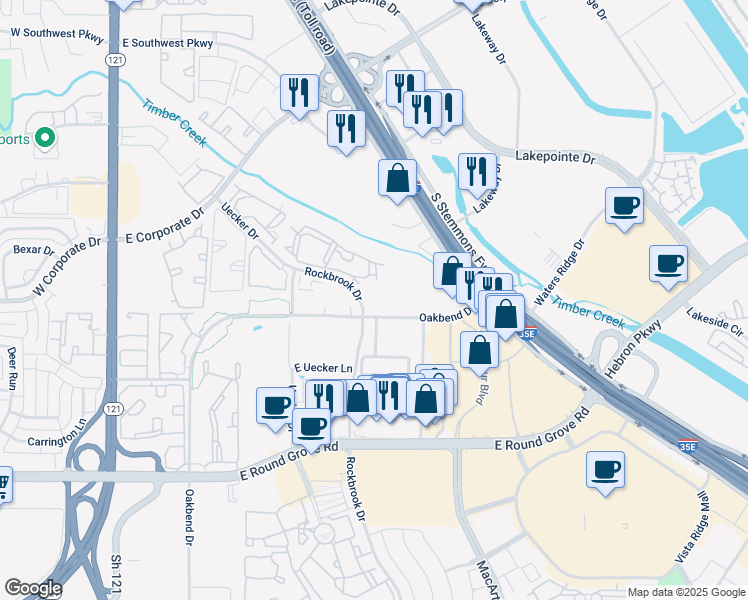 map of restaurants, bars, coffee shops, grocery stores, and more near 2201 Rockbrook Drive in Lewisville