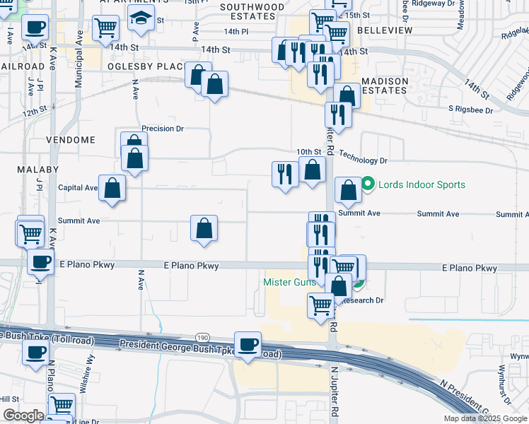 map of restaurants, bars, coffee shops, grocery stores, and more near 1700 Summit Avenue in Plano