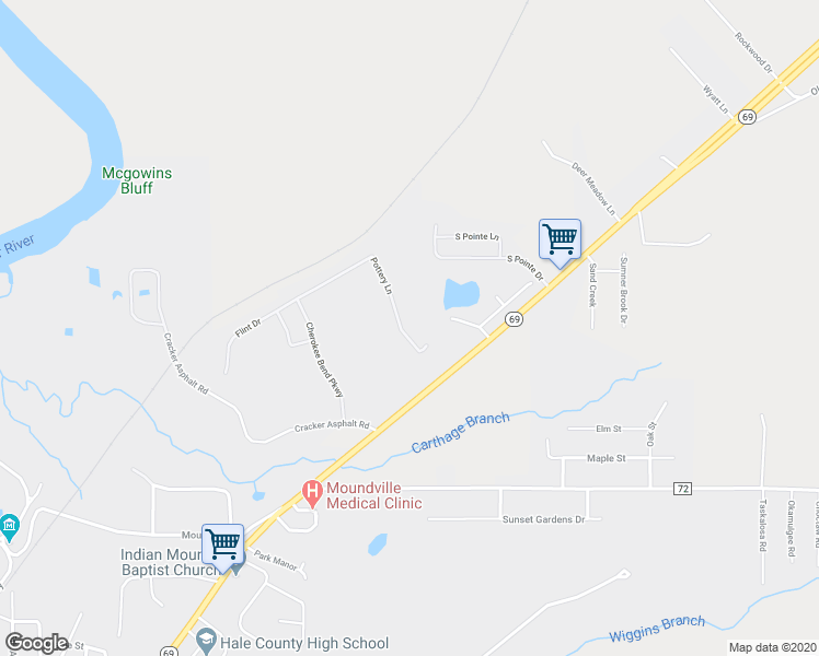 map of restaurants, bars, coffee shops, grocery stores, and more near 16430 Pottery Lane in Moundville
