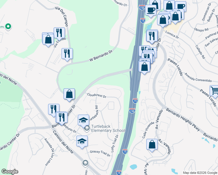 map of restaurants, bars, coffee shops, grocery stores, and more near 11382 Turtleback Lane in San Diego