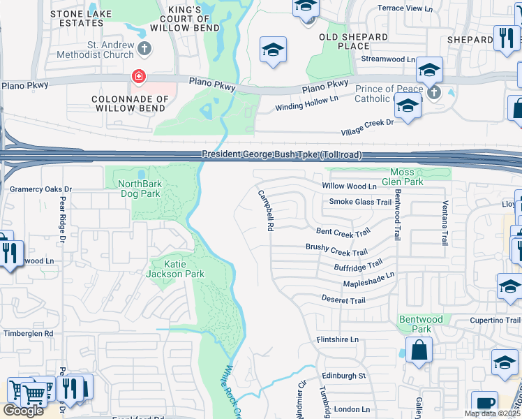 map of restaurants, bars, coffee shops, grocery stores, and more near 5512 Willow Wood Lane in Dallas