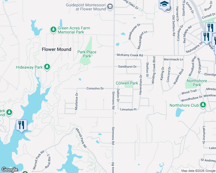 map of restaurants, bars, coffee shops, grocery stores, and more near 1252 Simmons Road in Lewisville