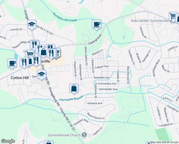 map of restaurants, bars, coffee shops, grocery stores, and more near 221 White Gables Drive in Summerville