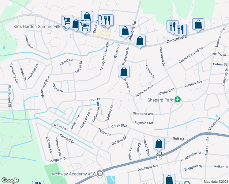 map of restaurants, bars, coffee shops, grocery stores, and more near 400 Pinewood Drive in Summerville