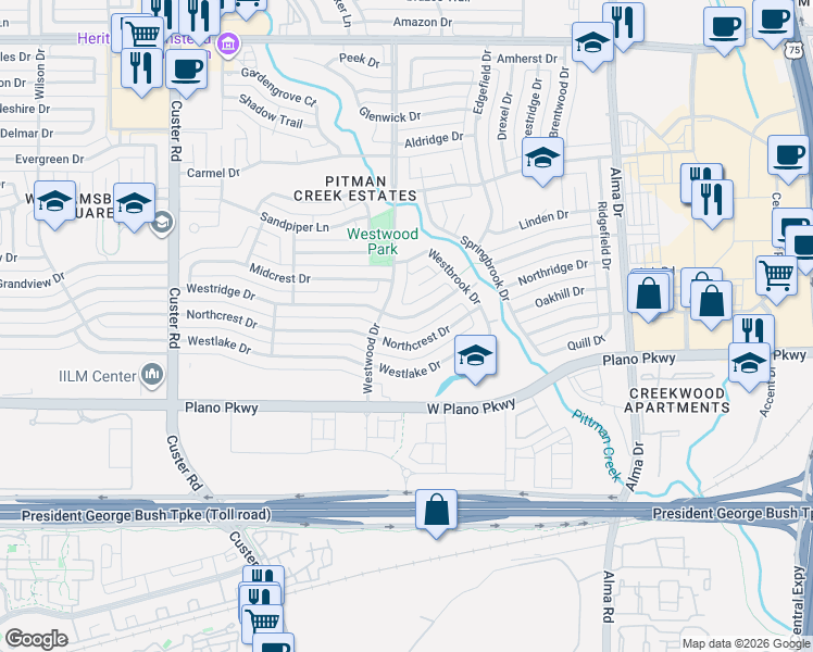 map of restaurants, bars, coffee shops, grocery stores, and more near 1609 Westridge Drive in Plano