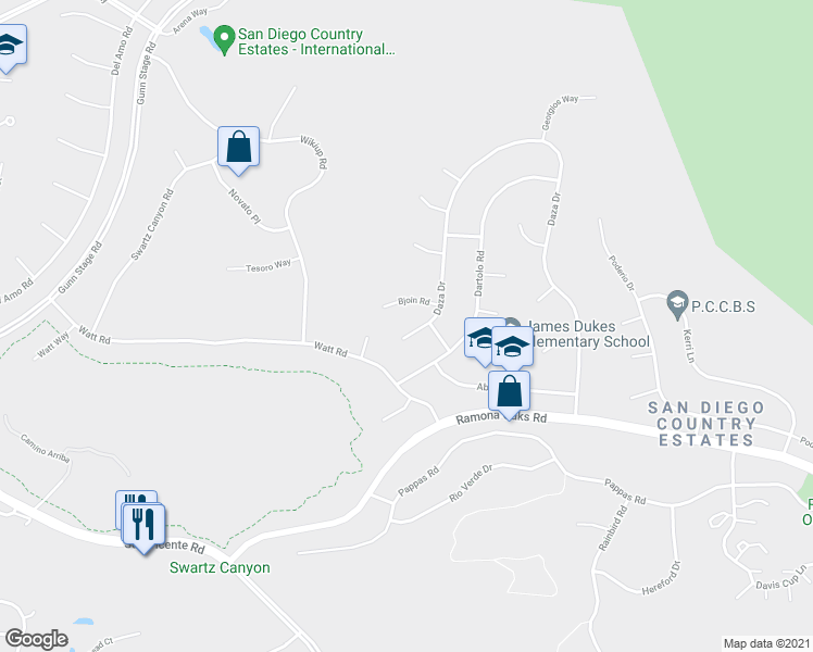 map of restaurants, bars, coffee shops, grocery stores, and more near 16220 Daza Drive in Ramona