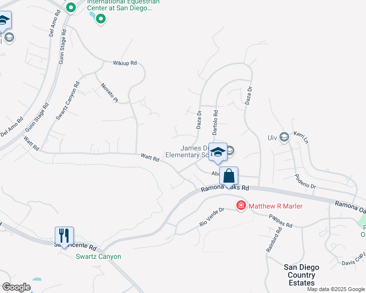 map of restaurants, bars, coffee shops, grocery stores, and more near 16220 Daza Drive in Ramona