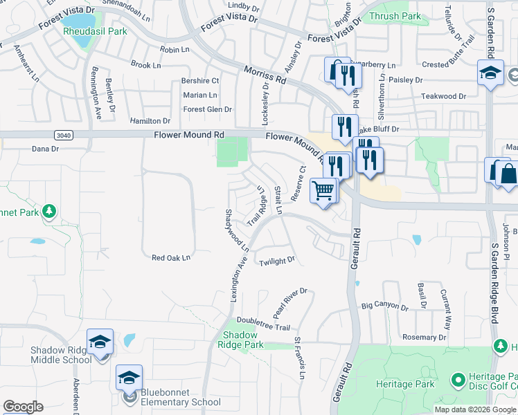 map of restaurants, bars, coffee shops, grocery stores, and more near 1608 Bar Harbor Lane in Flower Mound