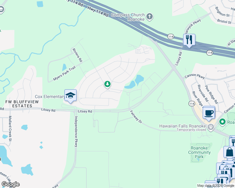 map of restaurants, bars, coffee shops, grocery stores, and more near 909 Fairway Ranch Parkway in Roanoke