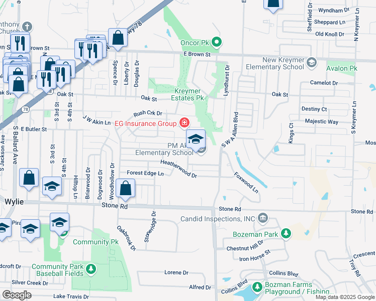 map of restaurants, bars, coffee shops, grocery stores, and more near Foxwood Lane in Wylie